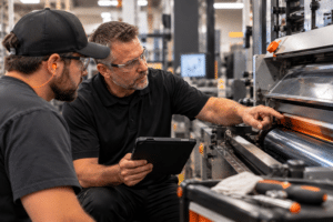 Daetwyler technician providing hands-on pressroom training to a print operator at industrial printing equipment.