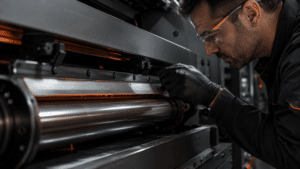 Technician inspecting printing press equipment during a Daetwyler pressroom audit