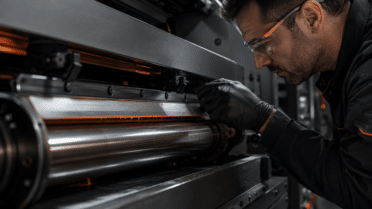 Technician inspecting printing press equipment during a Daetwyler pressroom audit
